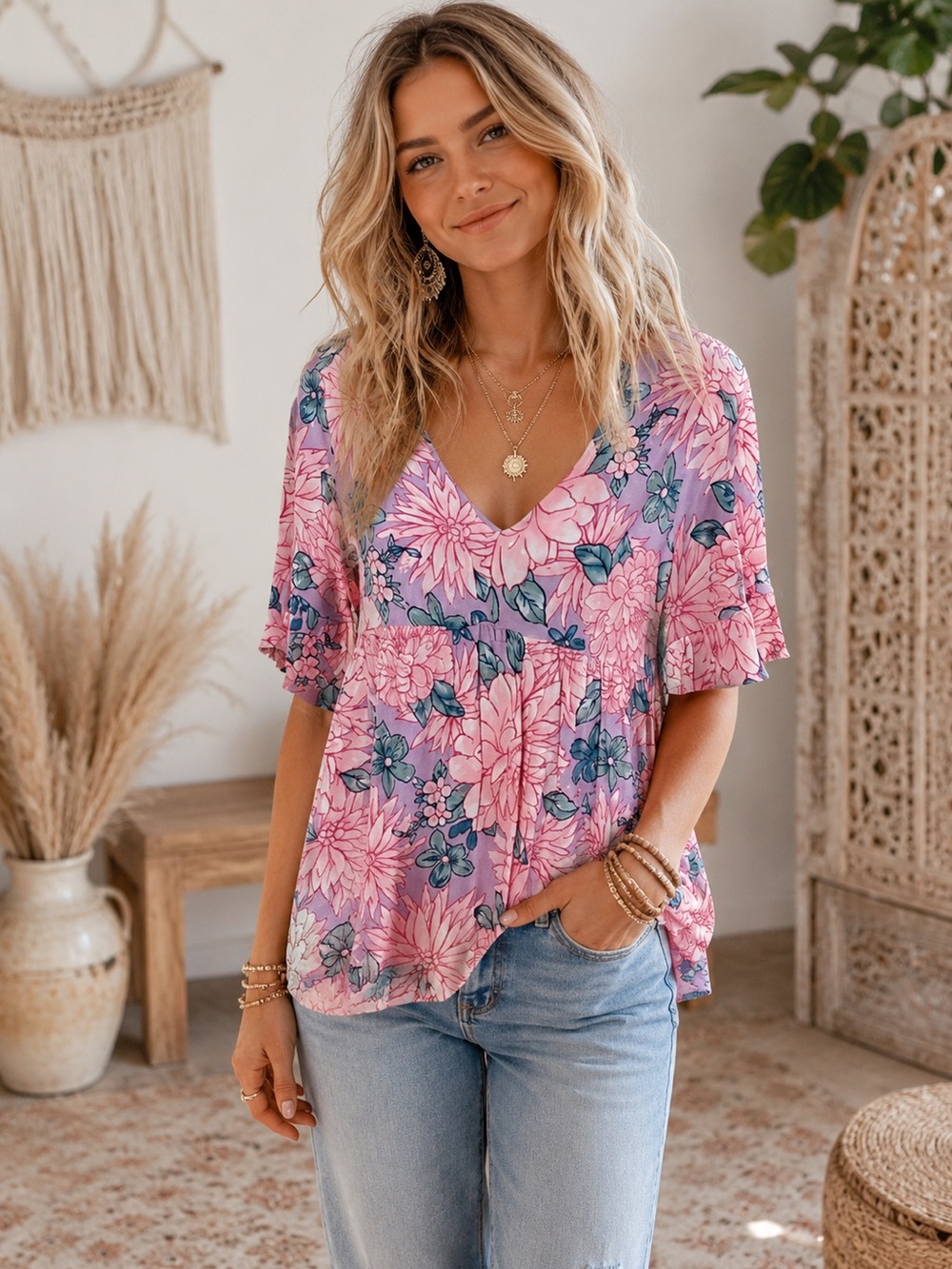 ANDREE BY UNIT Pink Floral V-Neck Tunic with Lavender Base